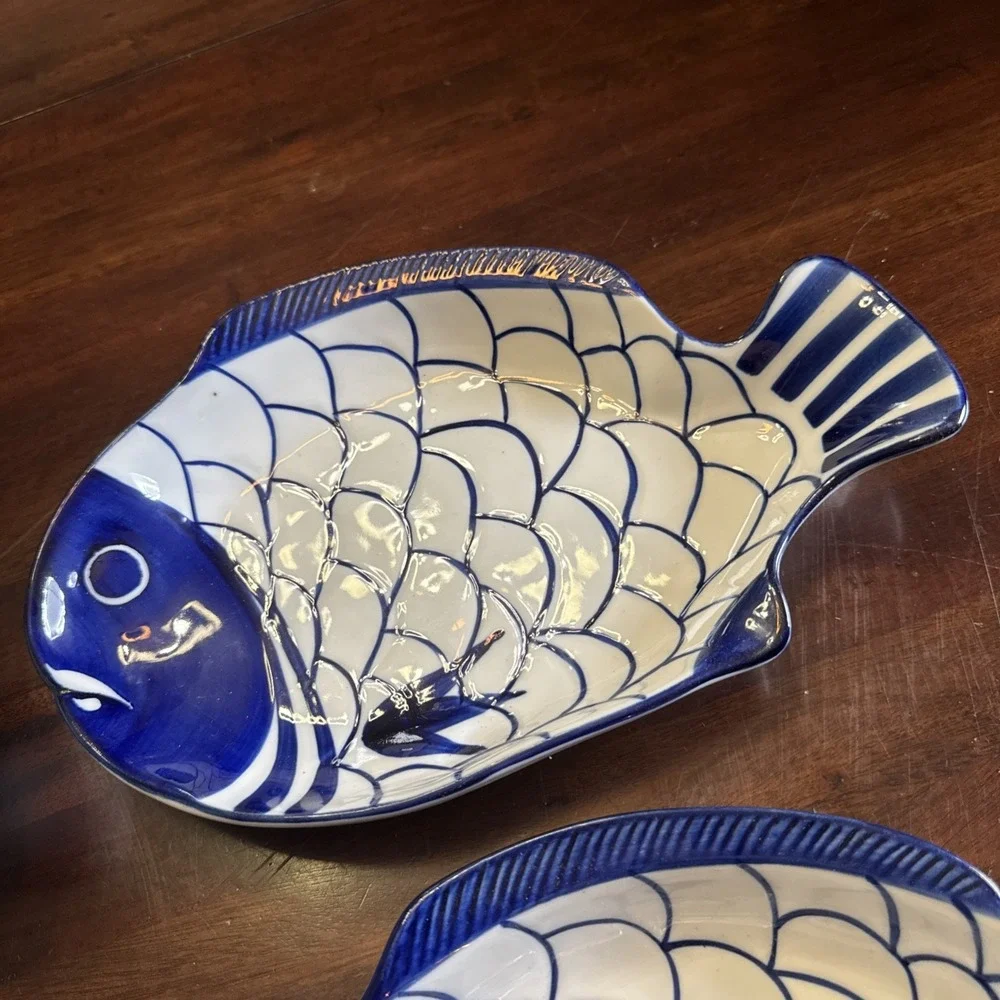 Vintage 90s Dansk Arabesque Fish Bowl Serving Platter Plate Blue & White Set 4